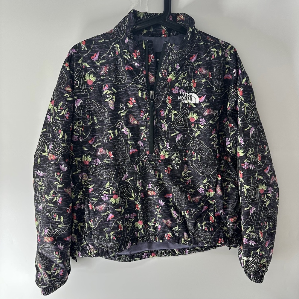 The North Face Black Floral Half-Zip Pullover with Pink & Green Accents